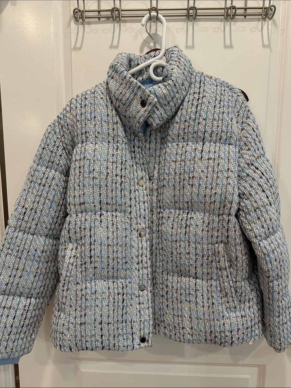 Express Light Blue and Gold Tweed Puffer Jacket